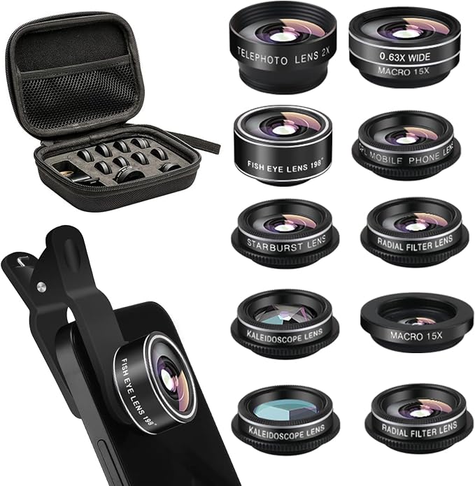 Cell Phone Camera Lens Kit, 11 in 1 Super Wide Angle+ Macro+ Fisheye Lens by Godefa