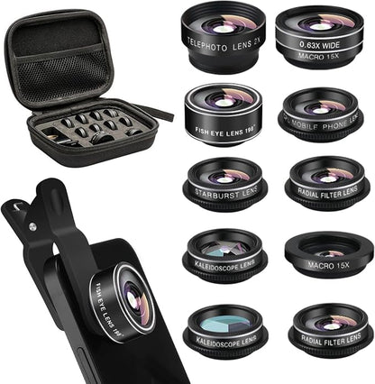 Cell Phone Camera Lens Kit, 11 in 1 Super Wide Angle+ Macro+ Fisheye Lens by Godefa
