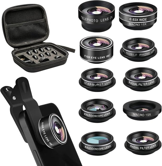 Cell Phone Camera Lens Kit, 11 in 1 Super Wide Angle+ Macro+ Fisheye Lens by Godefa