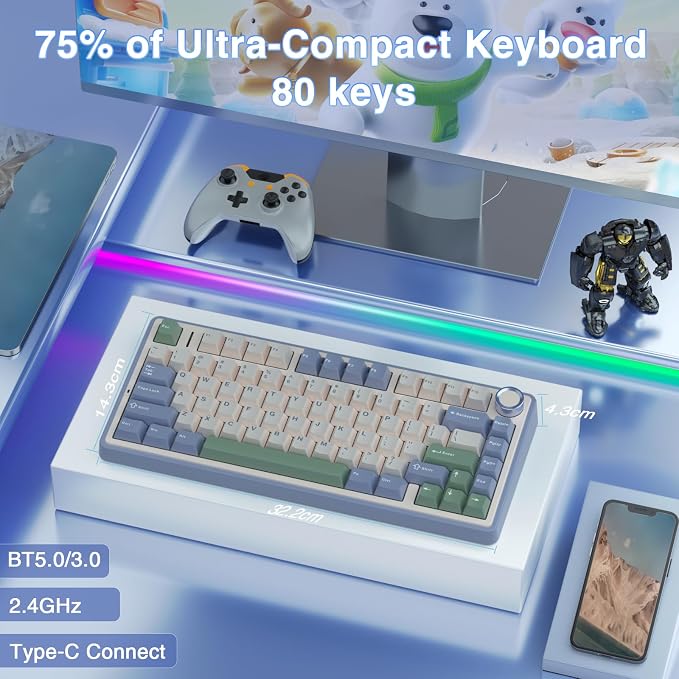 AULA F75 75% Wireless Mechanical Keyboard, Hot Swappable Creamy Keyboard - Image 2