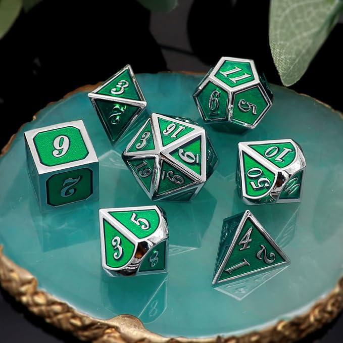 Haxtec 7 Die Metal DND Dice Set Green Elven Goblin D&D Dice Set Compatible - Image 7