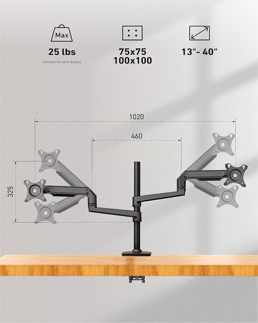 Quad Monitor Mount, Holds Screens up to 40 Inches and 25 lbs, Fully Adjustable - Image 2