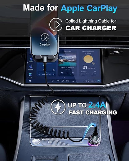 USB to Lightning Cable for Car 6FT, Coiled iPhone Charger Braided Lightning - Image 2