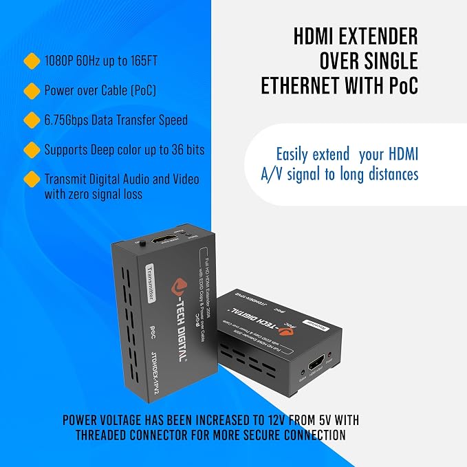 J-Tech Digital HDMI Extender 1080P 60Hz Over Single CAT 5e/6/7 PoC up to 165ft - Image 8
