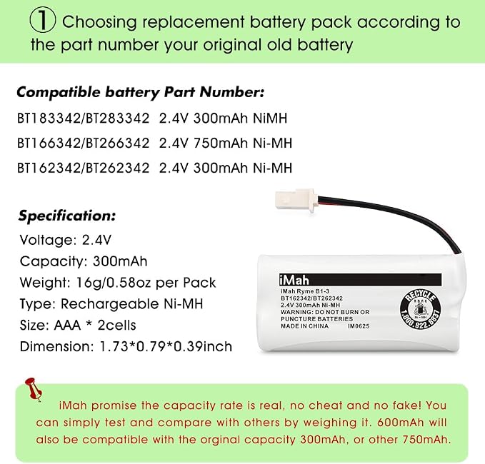 iMah Ryme B1-3 BT162342 BT262342 2.4V 300mAh Ni-MH Cordless Telephone Batteries - Image 3