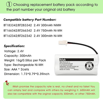 iMah Ryme B1-3 BT162342 BT262342 2.4V 300mAh Ni-MH Cordless Telephone Batteries - Image 3