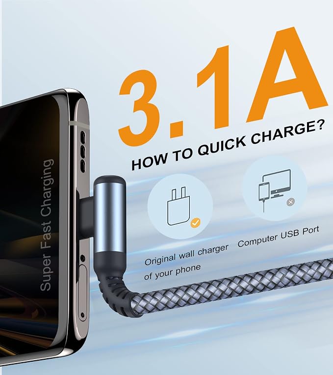 USB Type C Cable Right Angle, USB Type C iPhone 16 Charger Cable Nylon Braided - Image 2