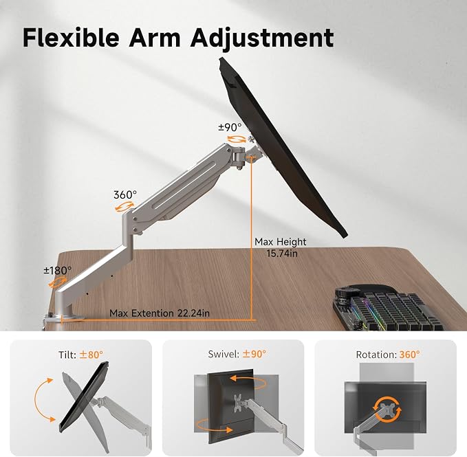 Suptek Single Monitor Mount Stand, Gas Spring Monitor Arm Desk Mount Fully - Image 3