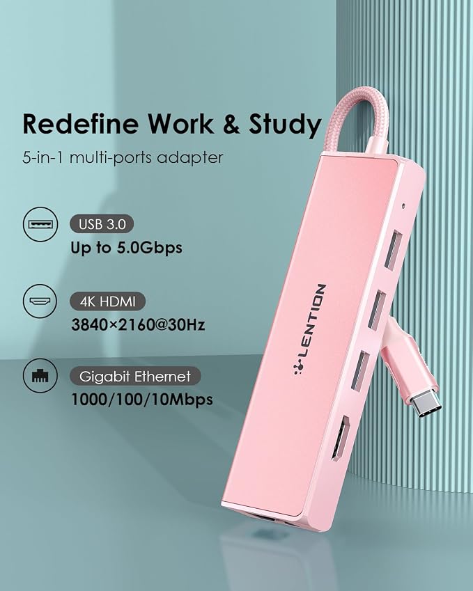 LENTION USB C Hub with 1000Mbps Ethernet Adapter, 4K HDMI, 3 USB 3.0 Port - Image 7