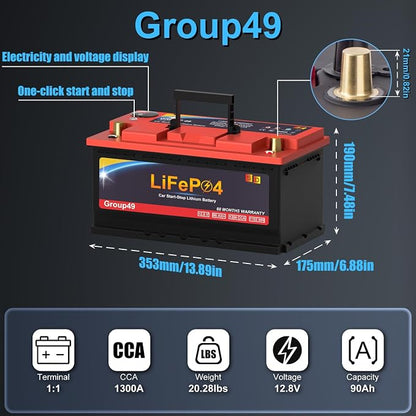 Car Battery GROUP 49 Start and Stop Lithium-ion Car Battery, 12.8V 90Ah 1300CCA - Image 2