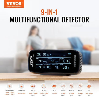 VEVOR Air Quality Monitor 9-in-1, Temperature, Formaldehyde TVOC AQI Tester - Image 2