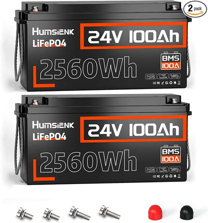 24V Lithium Battery 100Ah LiFePO4 Batterys 2 PCS, Built-in 100A BMS by HumsiENK