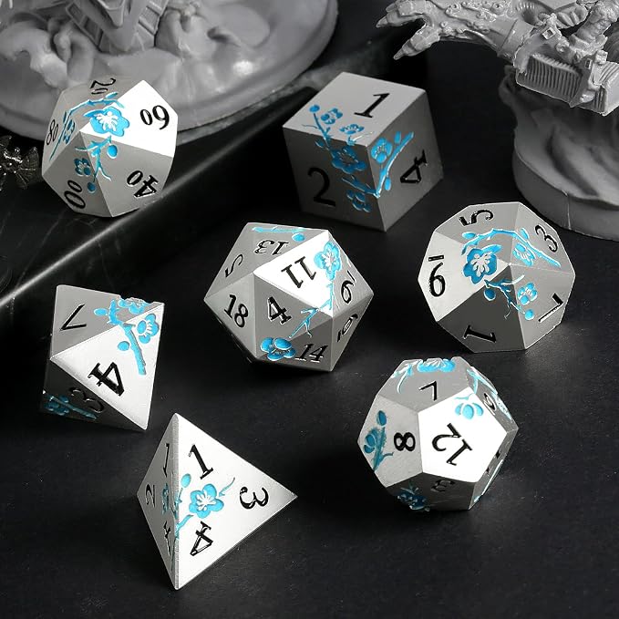 Glow in The Dark Flower Metal Dice, DNDND 7 PCS Blue Metallic D&D Dice Set - Image 6