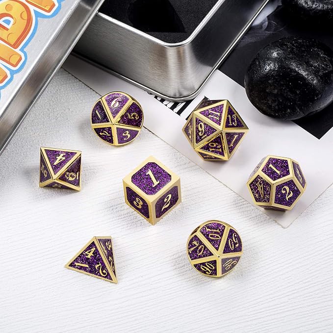 DNDND Glitter Purple Metal Dice Set, Solid Polyhedral DND Metallic Dice - Image 3
