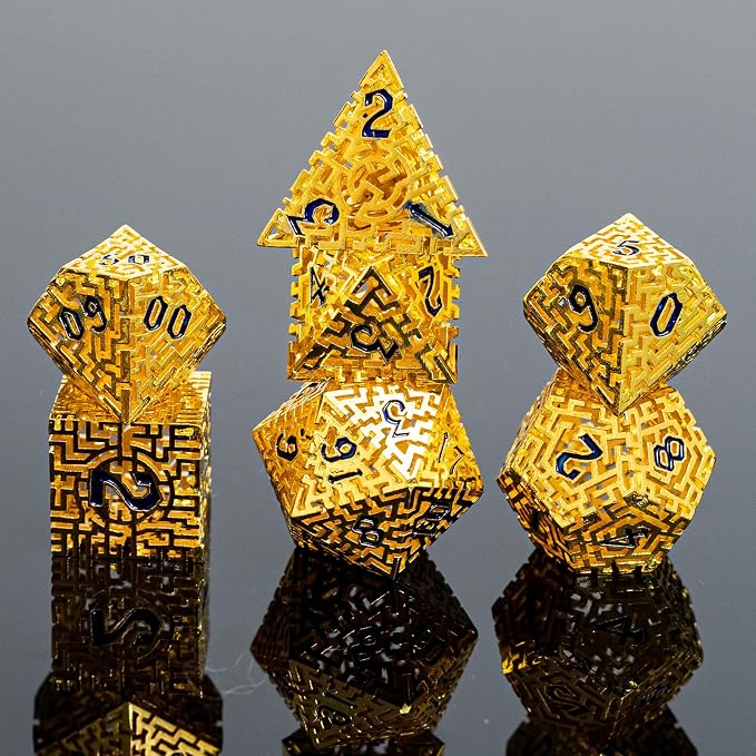 Golden Metal Hollow DND Dice Set Metallic Luster Maze Design by Unknown