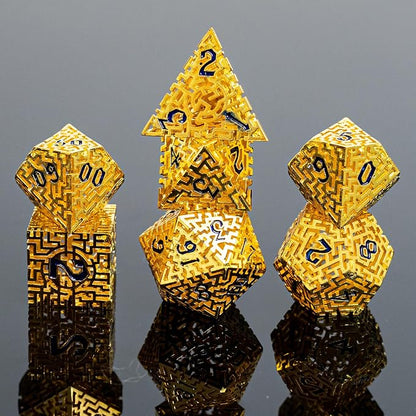 Golden Metal Hollow DND Dice Set Metallic Luster Maze Design by Unknown