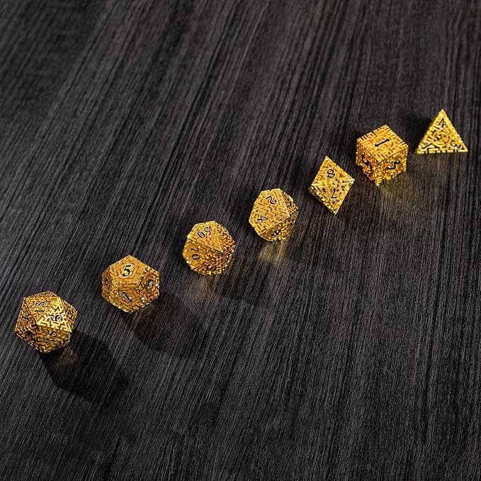Golden Metal Hollow DND Dice Set Metallic Luster Maze Design - Image 9