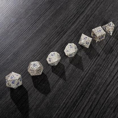 Silver Metal Hollow DND Dice Set Metallic Luster Maze Design - Image 9