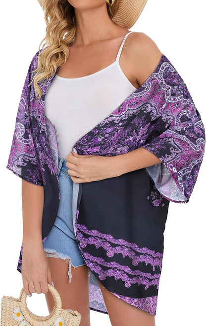 Women's Floral Print Puff Sleeve Kimono Cardigan Loose Cover Up Casual Blouse - Image 4