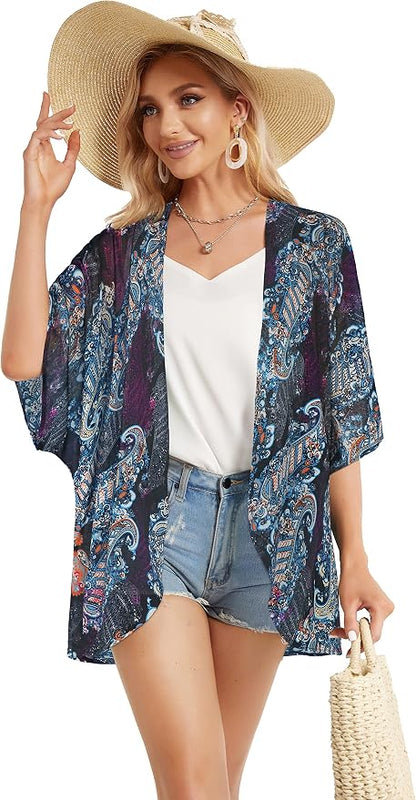 Women's Floral Print Puff Sleeve Kimono Cardigan Loose Cover Up Casual Blouse - Image 5
