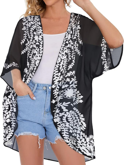Women's Floral Print Puff Sleeve Kimono Cardigan Loose Cover Up Casual Blouse - Image 8