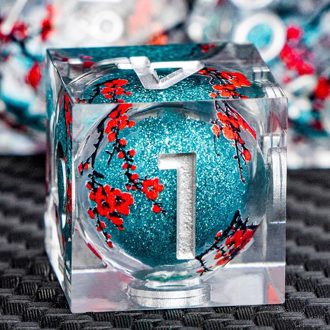 ARUOHHA DND Resin Dice Plum Blossom Liquid Core Dice Silver Blue Sharp Edged by ARUOHHA