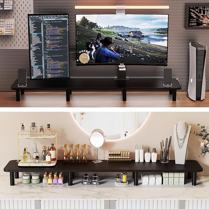 43.7" Extra Long Dual Monitor Stand Riser, Wood & Steel Monitor Stand - Image 5