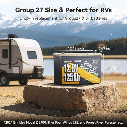 Power Queen 12.8V 125Ah Bluetooth LiFePO4 Battery, Group 27 Size &1600Wh Energy - Image 2