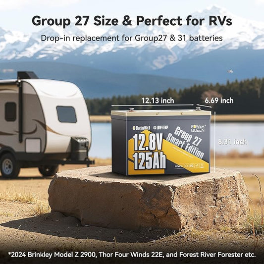 Power Queen 12.8V 125Ah Bluetooth LiFePO4 Battery, Group 27 Size &1600Wh Energy - Image 2