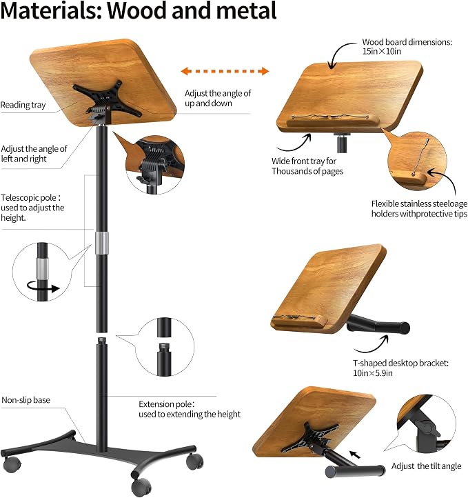 NAMON Rolling 2-in-1 Dual-use Floor & Desktop Book Stand, 100% Solid Wood - Image 7