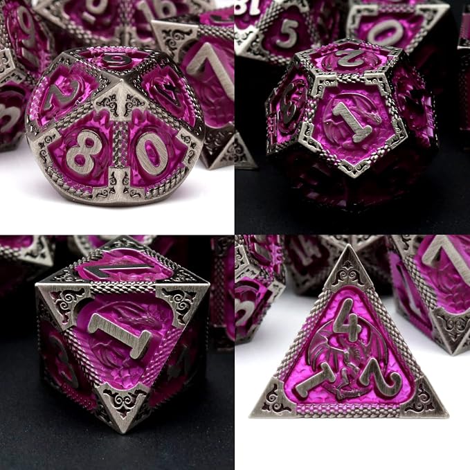 PJOY Metal DND Dice Set with Dice Case Antique Silver Purple Dragon D&D - Image 2