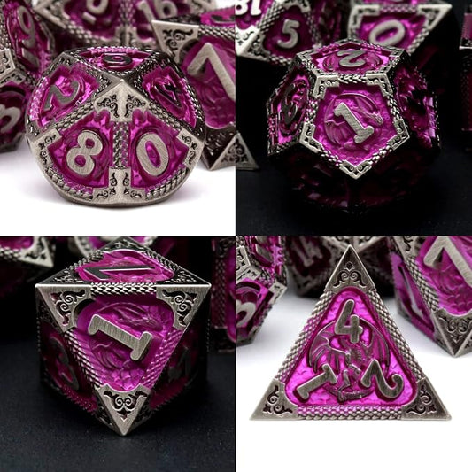 PJOY Metal DND Dice Set with Dice Case Antique Silver Purple Dragon D&D - Image 2