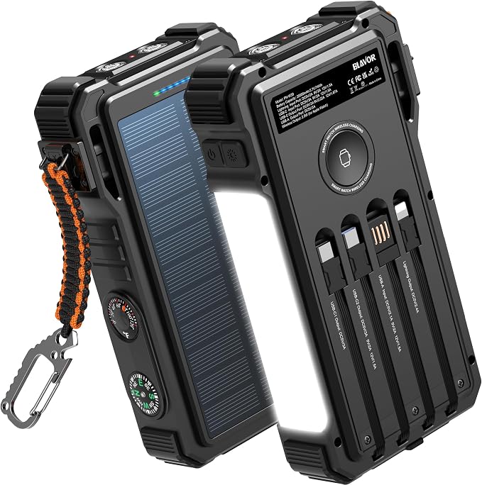 BLAVOR Solar Power Bank 20000mAh/74000mWh Built-in Cables, Wireless Charger by BLAVOR