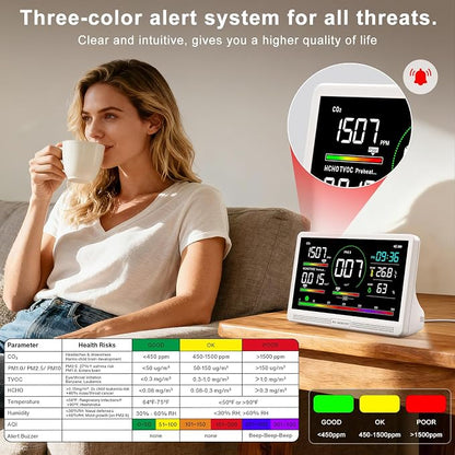 16 in 1 Air Quality Monitor Indoor 7" Display 9 AQI+7 AQI Alerts, Portable Air - Image 3