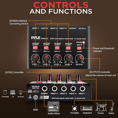 Pyle 4-Channel Wireless Bluetooth 5.0 Line Mixer - Image 3