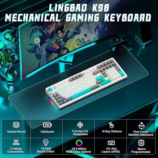 LINGBAO K98 Wireless Mechanical Gaming Keyboard, 10000mAh Battery Tri-Mode - Image 2