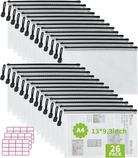 Vuzvuv 26pcs A4 Size 13"x 9.3" Mesh Zipper Pouch Zipper Bags, Document File by Vuzvuv