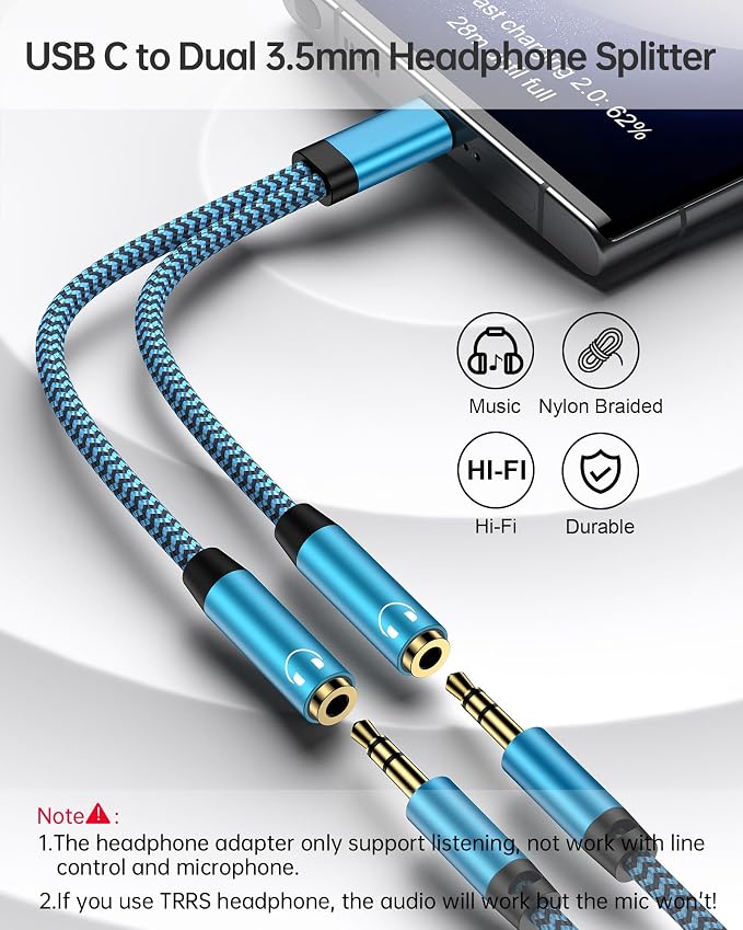 Headphone Splitter for 2 Headphones, USB C to Dual 3.5mm Female Aux Splitters - Image 2