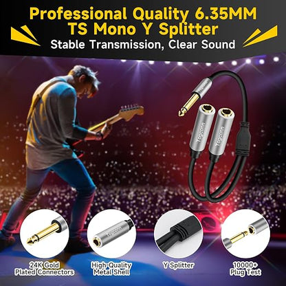 1/4 inch TS Mono Splitter Y Adapter, 6.35mm Mono Male to Dual 6.35 mm TS Mono - Image 2
