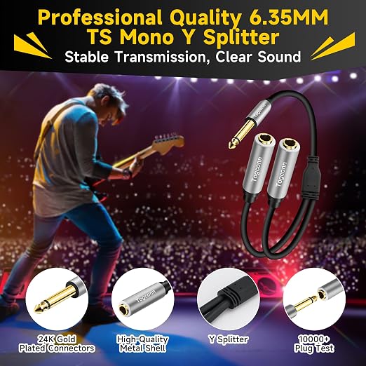 2-Pack 1/4 inch TS Mono Splitter Y Adapter, 6.35mm Mono Male to Dual 6.35 mm TS - Image 2