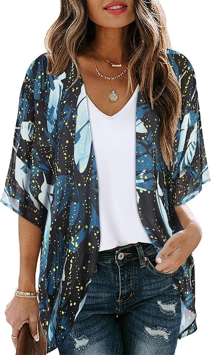 Women's Floral Print Puff Sleeve Kimono Cardigan Loose Cover Up Casual Blouse by CHICGAL