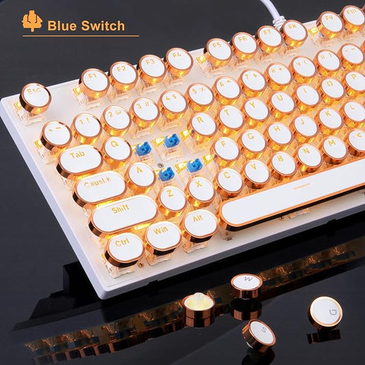 MageGee Typewriter Mechanical Gaming Keyboard, Retro Gold Punk Round Keycaps - Image 2