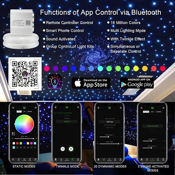AKEPO Car Home Use APP Control Twinkle Fiber Optic Light Kit, 16W RGBW Dual - Image 2
