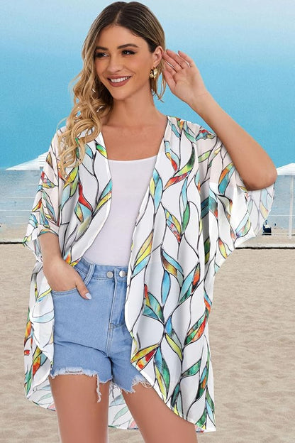 Women's Floral Print Puff Sleeve Kimono Cardigan Loose Cover Up Casual Blouse - Image 5