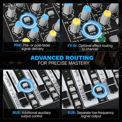 Professional 8-Channel Audio Mixer, Phenyx Pro DJ Sound Mixer Board w/Flexible - Image 3