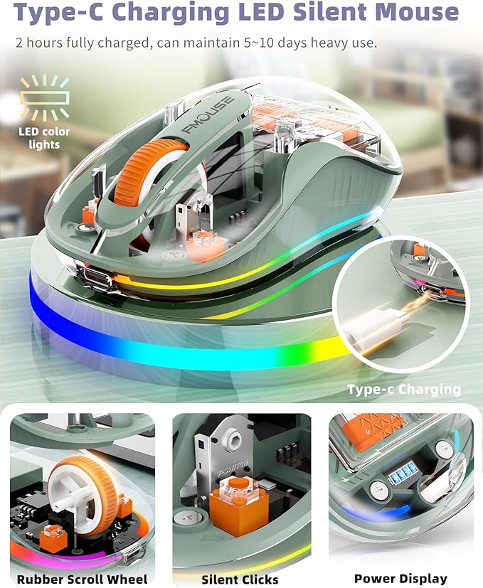 Bluetooth Wireless Mouse, Transparent RGB Tri-Modes Mouse, USB-C Receiver Ideal - Image 5
