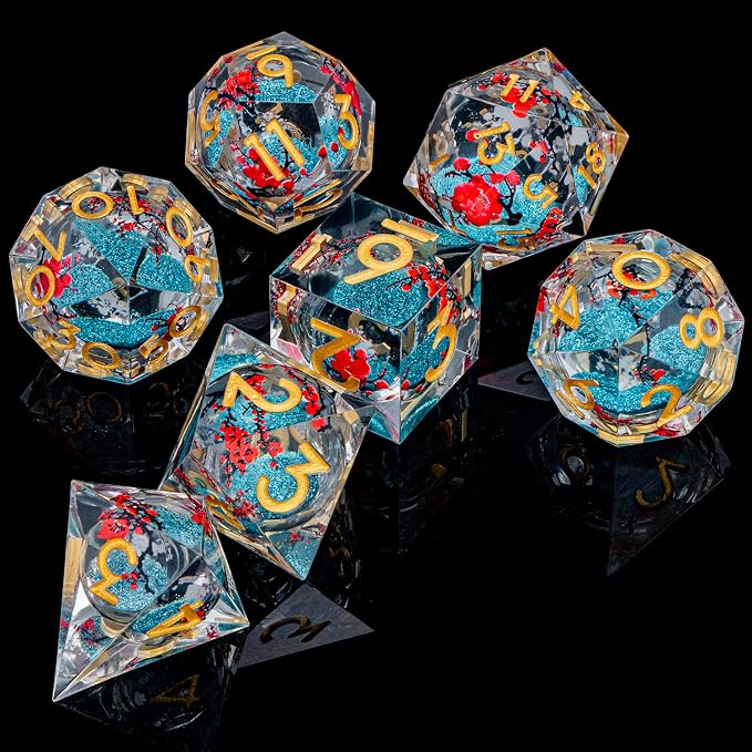 ARUOHHA DND Resin Dice Plum Blossom Liquid Core Dice Golden Blue Sharp Edged - Image 6