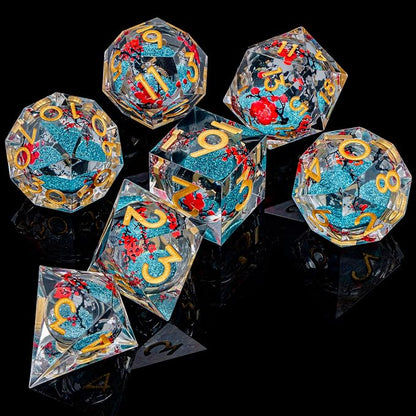 ARUOHHA DND Resin Dice Plum Blossom Liquid Core Dice Golden Blue Sharp Edged - Image 6
