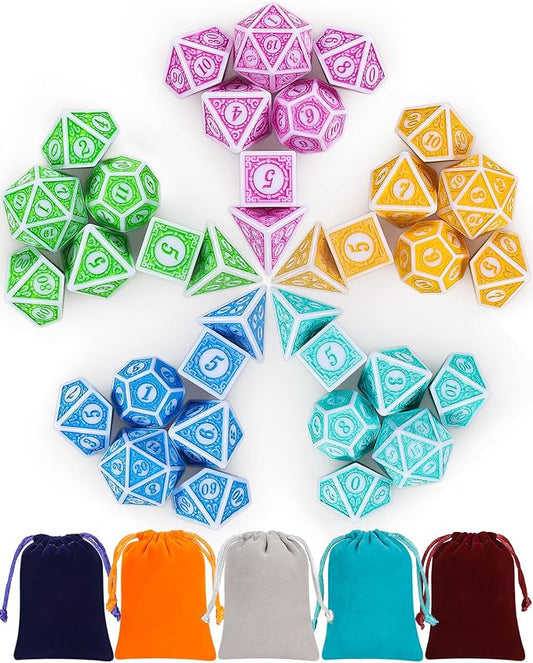 CiaraQ DND Dice with 5 Pouches, 5 Sets of Retro Polyhedral Dice by CiaraQ