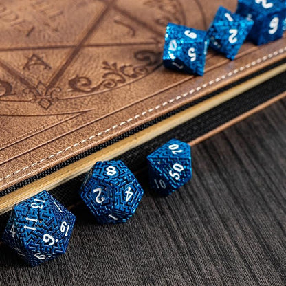 Blue Metal Hollow DND Dice Set Metallic Luster Maze Design - Image 7